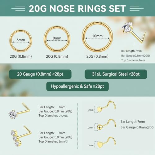 20G Nose Rings Hoops And Studs For Women Men, 12PCS Hypoallergenic Stainless Steel Nose Hoops Dainty Non Tarnish Nose Hoop Set, L Shaped CZ Nose Stud Piercing Jewelry Gold/Sliver - color: 20G-Gold