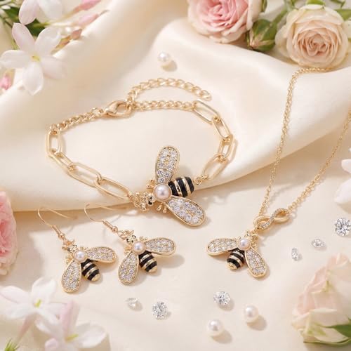Sureio 4 Pcs Bee Jewelry Gift Set for Women, Yellow Gold Crystal Copper Bee Earrings, Bracelet, Necklace and Brooch Pin for Animal Jewelry Accessory Gift for Women