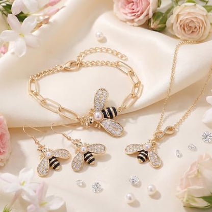 Sureio 4 Pcs Bee Jewelry Gift Set for Women, Yellow Gold Crystal Copper Bee Earrings, Bracelet, Necklace and Brooch Pin for Animal Jewelry Accessory Gift for Women