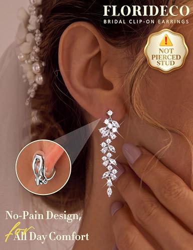 Florideco Silver Plated Clip On Earrings Wedding Dangle Earrings for Women - color: S-Teardrop