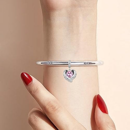 KunBead Guardian Angel Heart Wings Birthstone Dangle Birthday Charms Compatible with Pandora Charm Bracelet for Women - color: Pink