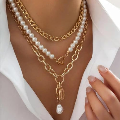 Chunky Layered Pearl Necklaces Set for Women Big Coin OT Choker Necklace | Gold,silver,layering,pearls,stack,pearl jewelry,drop,baroque,buckle,beaded,chain,statement,clasp,toggle,accessories,gift - color: Color-1