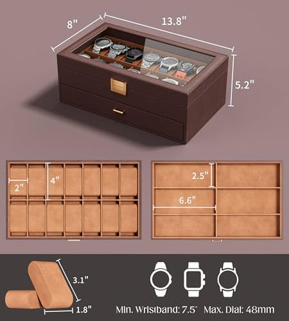 Watch Case Box for Men – 14 Slots Watch Display Organizer with 6-Compartment Eyeglasses Storage, Real Glass Lid 2-Layer PU Leather Collection Holder Gift for Loved Ones Brown - size: 14 Slots, Brown