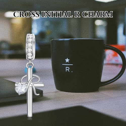 PROESS Initial Cross Charm 925 Sterling Silver Letter A B C Pendant Dangle Charm Beads for Bracelet Initial Cross Jewelry Gifts for Women - style: 18-R