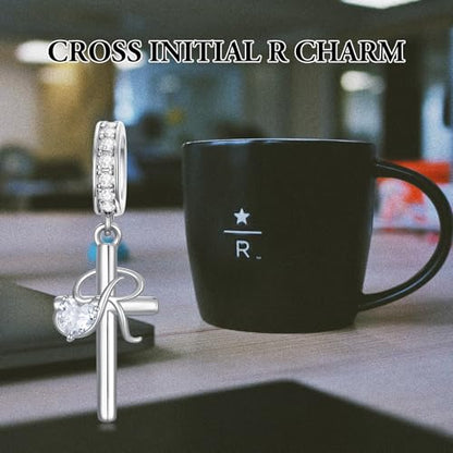 PROESS Initial Cross Charm 925 Sterling Silver Letter A B C Pendant Dangle Charm Beads for Bracelet Initial Cross Jewelry Gifts for Women - style: 18-R