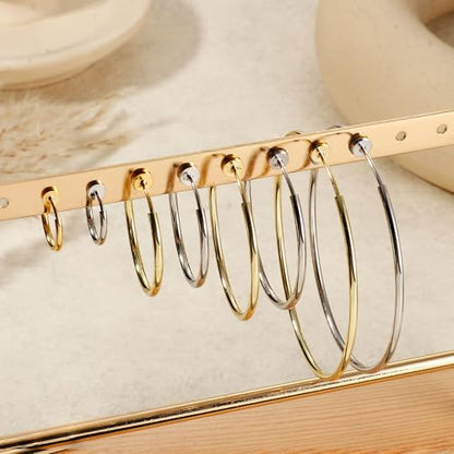 Magitaco 8 Pairs Clip On Hoop Earrings Stainless Steel Clip On Earrings for Women Fake Hoop Earring Spring Hoop Earring For Non-Pierced Ears - color: C:Sliver Tone+Gold Tone