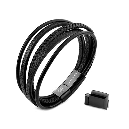 LONDON Mens Bracelet Leather Black Multi-Layer Stone Beads Adjustable Steel Clasp Viking Rope Bands Surfer Man Wristband Male UK Jewellery Gift box Boyfriend Dad Son Brother Tiger Eye - color: C. 19-22cm Black Leather Adjustable, size: Medium to Large 20-