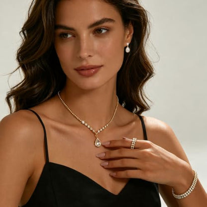 NEWITIN 15 Pieces Gold Jewelry Set for Women Wedding Costume Accessories | Hypoallergenic, Cubic Zirconia, CZ Necklaces Earrings Bracelets Ring, Crystal Jewelry for Wedding Bride Bridesmaid Party Prom - color: Beauty