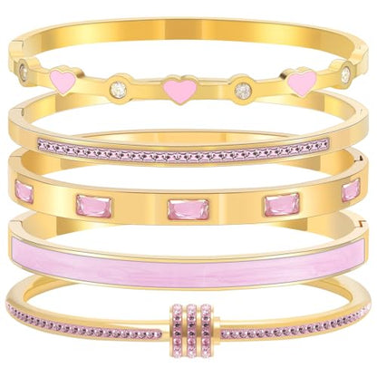 Camhanno Pink Heart Bangle Bracelets for Women - 18K Gold Plated Stackable Stainless Steel, Friendship & Love Jewelry Gift for Her - color: Pink