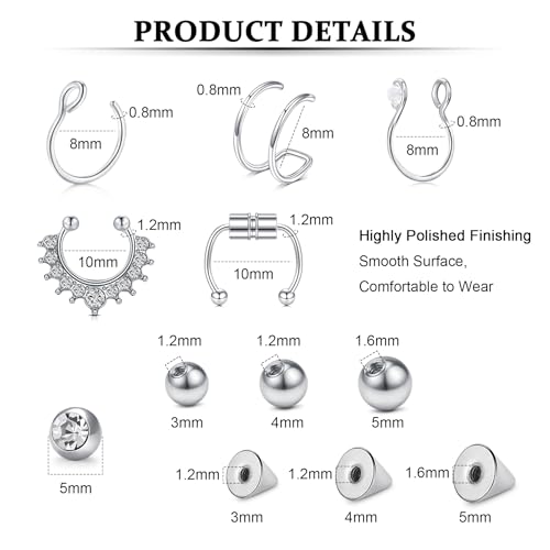 Fake Eyebrow Ring Fake Lip Labret Studs Replacement Balls Spike with 100pcs Sticker Non-Piercing Body Jewelry Fake Skin Piercing - color: F1-Silver