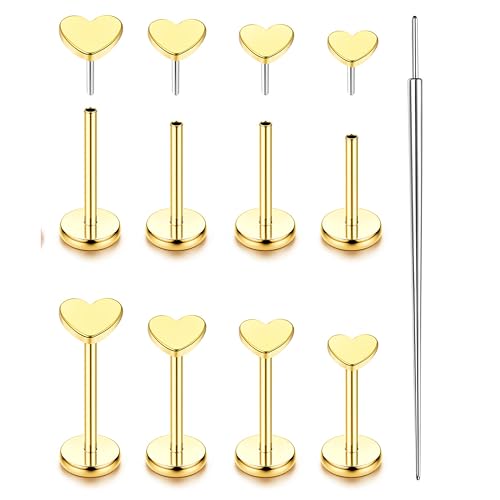 YADOCA Threadless Flat Back Earrings Gold Nose Studs Surgical Steel | Push-in flat back design for cartilage tragus helix conch and medusa piercings, gold plated stainless steel studs - color: Gold Heart, size: 20G(0.8MM)