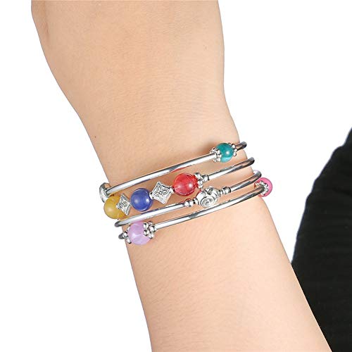Beaded Pearl Bangle Wrap Bracelet - Fashion Bohemian Jewelry Multilayer Charm Bracelet with Thick Silver Metal Beads, Gift For Women - color: Colorful