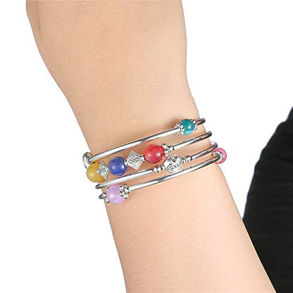 Beaded Pearl Bangle Wrap Bracelet - Fashion Bohemian Jewelry Multilayer Charm Bracelet with Thick Silver Metal Beads, Gift For Women - color: Colorful