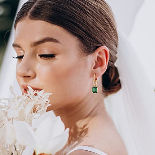 Birthstone Crystal Dangle Drop Earrings, 18K Gold Plated Huggie HoopEarring | Hypoallergenic Earring Jewelry Gifts for Women, Birthdays, anniversaries, weddings - color: Green-1