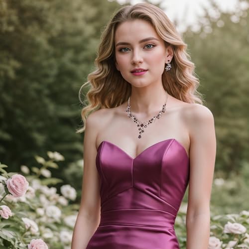 BriLove Wedding Jewelry Set for Women Bride, Y-Necklace Dangle Earrings Crystal Teardrop Leaf Flower Cluster Bridal Bridesmaid - color: 07-Purple