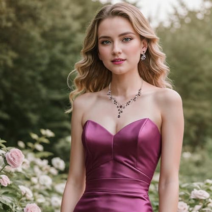 BriLove Wedding Jewelry Set for Women Bride, Y-Necklace Dangle Earrings Crystal Teardrop Leaf Flower Cluster Bridal Bridesmaid - color: 07-Purple