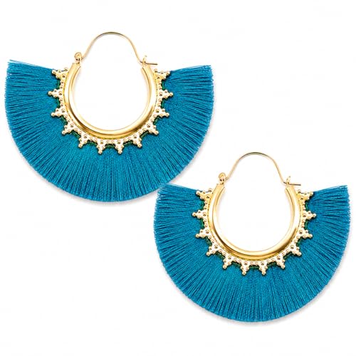 Tassel Hoop Earring Statement Thread Dangle Earrings Stylish Long Fringe Drop Earrings Lightweight Long Swingy French Hook Earrings for Women - color: B Dark Blue