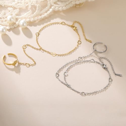 UNIFT Hand Chain Bracelets for Women Set Stainless Steel Adjustable Heart or Four-Leaf Clover Ring Chain Bracelet Trendy Dainty Jewelry Set Gifts - color: silver 1