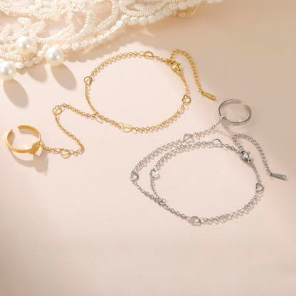 UNIFT Hand Chain Bracelets for Women Set Stainless Steel Adjustable Heart or Four-Leaf Clover Ring Chain Bracelet Trendy Dainty Jewelry Set Gifts - color: silver 1