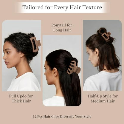 Small Medium Claw Clips for Women, 3 Styles Hair Clips for Thick and Thin Hair, Non-slip Strong Hold, 12 Pcs (Brown) - color: Brown
