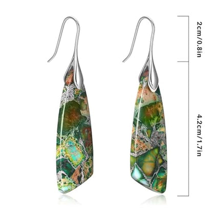 Boho Natural Imperial Jasper Teardrop Dangle Earrings for Women – Hypoallergenic French Hook Stone Drop Earrings Jewelry - color: Green Silvery Hook