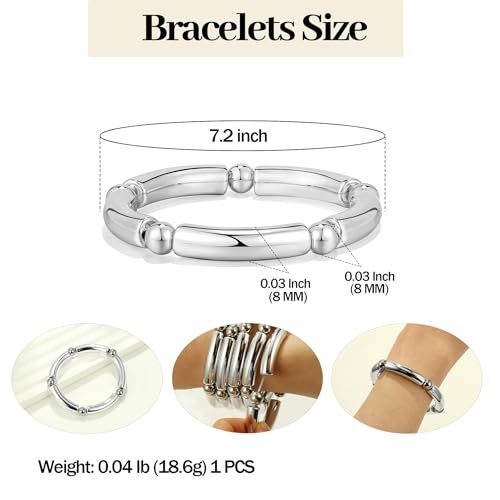 Gold Chunky Bangles Bracelets For Women 14k Gold Plated Stack Layered Curved Bamboo Tube Stretch Bracelets Gift Jewelry - color: 1pcs Silver-8mm