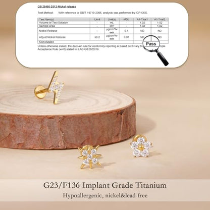 limerencia Titanium Internally Threaded Flat Back Earrings, 3 Pcs Implant Grade Hypoallergenic Studs, 18G Tragus Helix Conch Cartilage Piercing Jewelry for Sensitive Ears Women Men, Gold/Silver - color: Gold-Vibe B