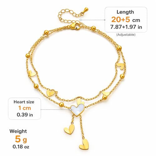 Gold Heart Anklet for Women, Layered Double Chain Ankle Bracelet, Dainty Heart Charm Anklet, Minimalist Beach Vacation Foot Jewelry