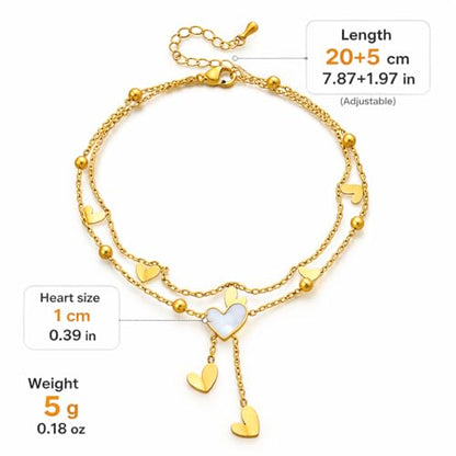 Gold Heart Anklet for Women, Layered Double Chain Ankle Bracelet, Dainty Heart Charm Anklet, Minimalist Beach Vacation Foot Jewelry