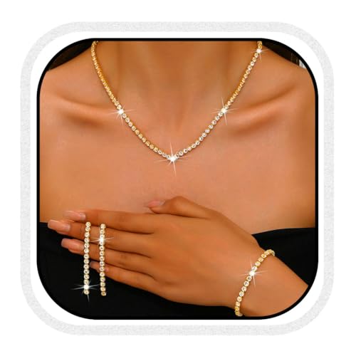 Unicra Rhinestone Bridal Wedding Jewelry Set Silver Necklace Earrings Bracelet Sets Prom Formal Costume Jewelry Sets for Women and Brides - color: Gold