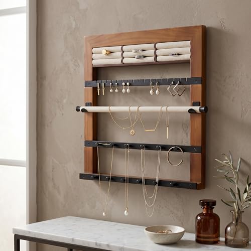 Hives and Honey Tori Wall Hanging Jewelry Rack – Wall-Mounted Organizer with Ring Rolls, Earring Slots, Bracelet Bar & Necklace Hooks, Anti-Tarnish Linen, Walnut - color: Walnut