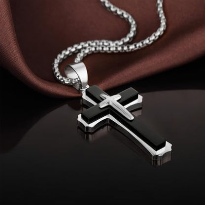 Men's Cross Necklace 316L Stainless Steel Large Heavy Cross Pendant for Men Polished Jewelry Rolo Chain with 22'' 24'' 26'' - color: E-White and Black, size: 26 inch