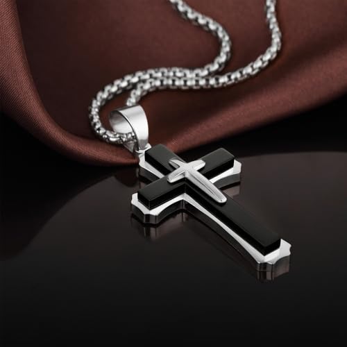 Men's Cross Necklace 316L Stainless Steel Large Heavy Cross Pendant for Men Polished Jewelry Rolo Chain with 22'' 24'' 26'' - color: E-White and Black, size: 24 inch
