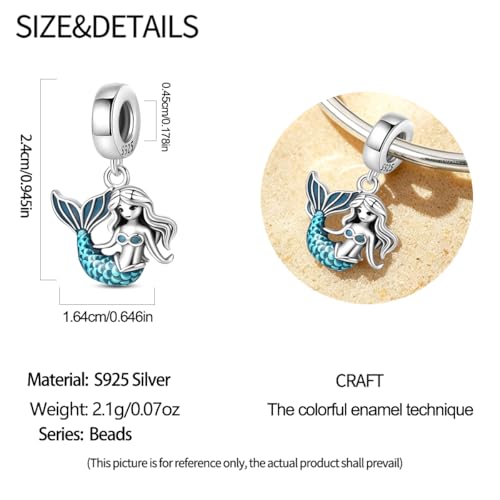 LIGHTDOG 925 Sterling Silve Charms fits Pandora Bracelets Necklace,5A Zircon Dangle Pendant Bead,Mother's Day Gift Jewelry Beads for Women - style: Mermaid Pendant