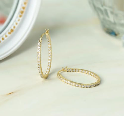 Hoops & Loops 925 Sterling Silver Cubic Zirconia Inside Out Oval Hoop Earrings for Women, 20mm 25mm 30mm - color: 30mm-Yellow Gold