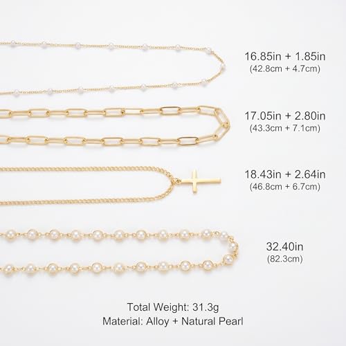Layered Faux Pearl Necklaces for Women - Dainty Cross Choker Set. Beautiful Stackable Long Chain Jewelry Featuring Boho Pendant Accessories, Vintage Multilayer Drops