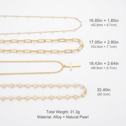 Layered Faux Pearl Necklaces for Women - Dainty Cross Choker Set. Beautiful Stackable Long Chain Jewelry Featuring Boho Pendant Accessories, Vintage Multilayer Drops