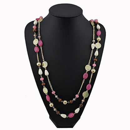 Bocar Long Necklaces for Women Trendy, Boho Layered Crystal Beaded Collar Necklaces for Women, Fashion Statement Necklaces Jewelry - color: Rose