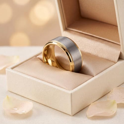 Tungsten Wedding Band Ring Black 10mm Men Women Comfort Fit 18k Rose Gold Step Edge Brushed Polished - color: Yellow Gold Grey Tungsten