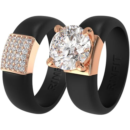 Rinfit Silicone Ring with Stone, Round Cut CZ | AAAAA Grade Cubic Zirconia, Solitaire Engagement Ring for Her, Flexible Rubber Wedding Band for Women, Patented Design - color: Pack O: Black / Rose Gold