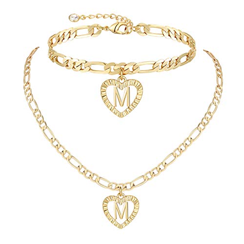 YANODA Gold Initial Pendant Necklace Anklet Bracelet for Women 14K Gold Plated Figaro Chain Letter Initial Heart Necklace Anklets Alphabet Foot Jewelry Personalized Jewelry for Women - style: M