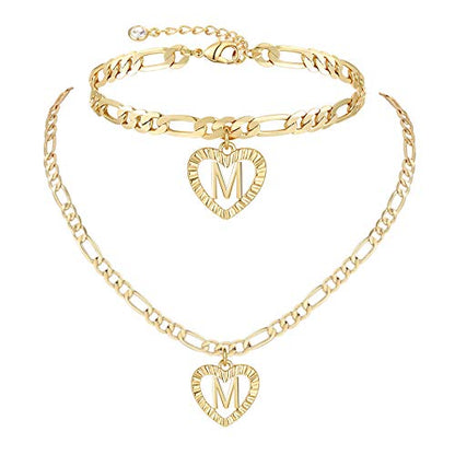 YANODA Gold Initial Pendant Necklace Anklet Bracelet for Women 14K Gold Plated Figaro Chain Letter Initial Heart Necklace Anklets Alphabet Foot Jewelry Personalized Jewelry for Women - style: M