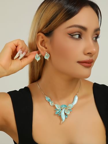 Chunky Statement Jewelry Set Vintage Retro Leaf Flower Floral Geometric Bohemian Boho Bib Necklace Earring Set Fashion Costume Jewelry for Women Girls Wedding Party Prom Unique Gift - style: calla lily flower JS gold aqua