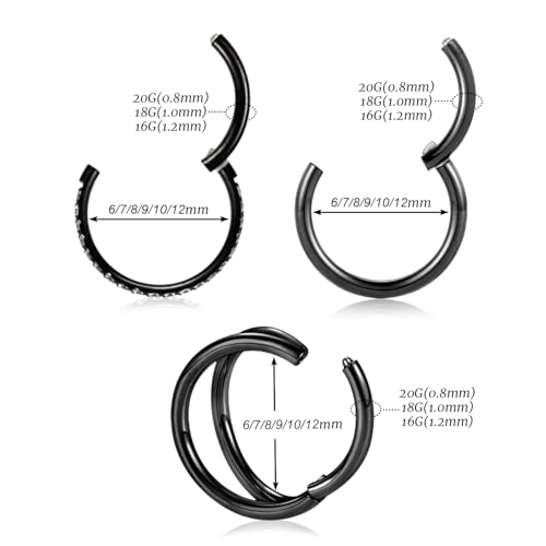GAGABODY 2 Pcs Nose Rings 22G 20G 18G 16G 14G 12G 10G 8G Surgical Steel Piercing Rings for Nose Septum Cartilage Helix Tragus Conch Rook Daith Lobe from 5mm to 16mm Seamless Hoop Unisex Hinged Earrings - color: Black-Single&Double&CZ Hoop