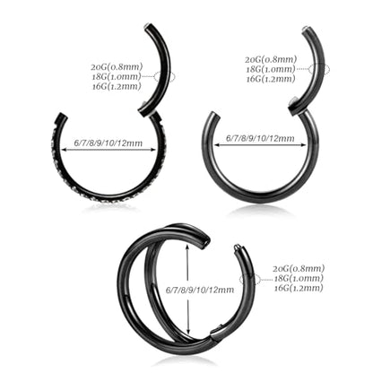 GAGABODY 2 Pcs Nose Rings 22G 20G 18G 16G 14G 12G 10G 8G Surgical Steel Piercing Rings for Nose Septum Cartilage Helix Tragus Conch Rook Daith Lobe from 5mm to 16mm Seamless Hoop Unisex Hinged Earrings - color: Black-Single&Double&CZ Hoop
