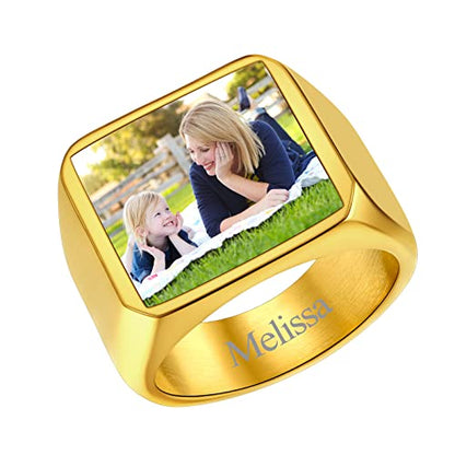 FindChic Customized Signet Photo Rings Square/Heart/Round Chunky Band Ring Stainless Steel/18K Gold Plated/Black Size 7 to 14 Personalized Jewelry for Men Women, Send Gift Box - color: 01. square-no stones (gold)