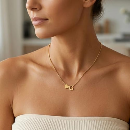 18K Real Gold Plated Heart Initial Necklace for Women-Personalized A-Z Letter Pendant on Durable Stainless Steel Box Chain (16+2.5 inch Adjustable) Hypoallergenic Everyday Jewelry Gift Boxed for Mom Wife - style: Gold:G