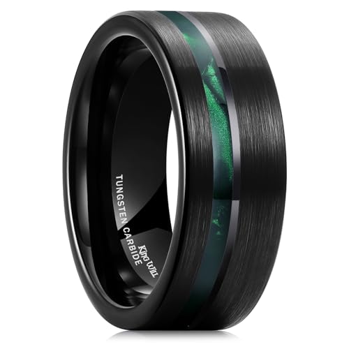 King Will Tungsten Rings for Men with Galaxy Shell Sand Meteorite Inlay | Black, 8mm, Brushed, Pipe Cut, Shell inlay, Everyday Wear - color: Green