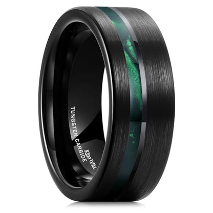 King Will Tungsten Rings for Men with Galaxy Shell Sand Meteorite Inlay | Black, 8mm, Brushed, Pipe Cut, Shell inlay, Everyday Wear - color: Green