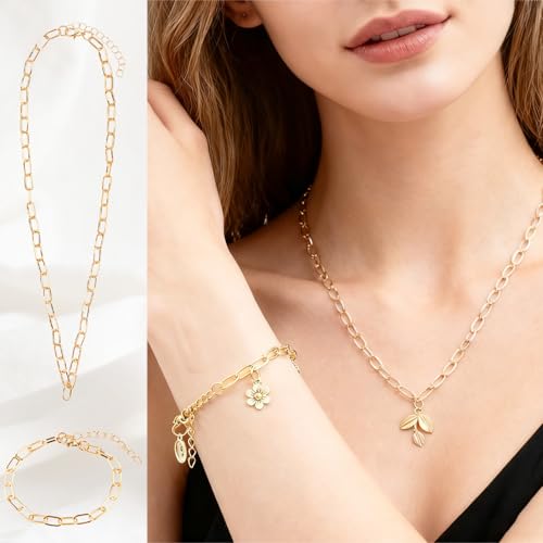 20 Pcs 18K Gold Plated Necklace Bracelet Chain Kit, Paperclip Alloy Link Fit Clip on Charm, Charm Bracelet Necklace Kit for Women DIY Jewelry Making (Gold) - color: Gold